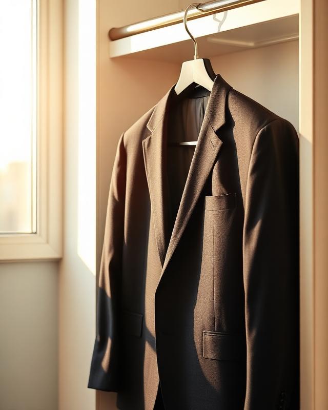 Luxury suit on hanger after professional dry cleaning